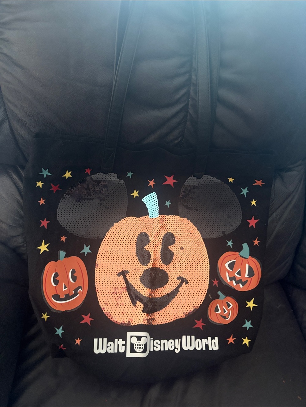 Disney Black Halloween Sequin Pumpkin Mickey Tote Walt Disney World